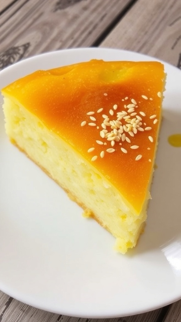 Quesadilla Salvadoreña Recipe A slice of quesadilla salvadoreña on a plate, garnished with sesame seeds, on a rustic wooden table.